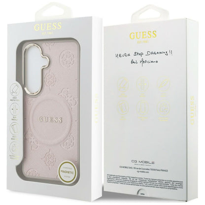 MagSafe Hülle für Samsung Galaxy S26 S942, Guess, Saffiano Peony Embossed Ring, Rosa