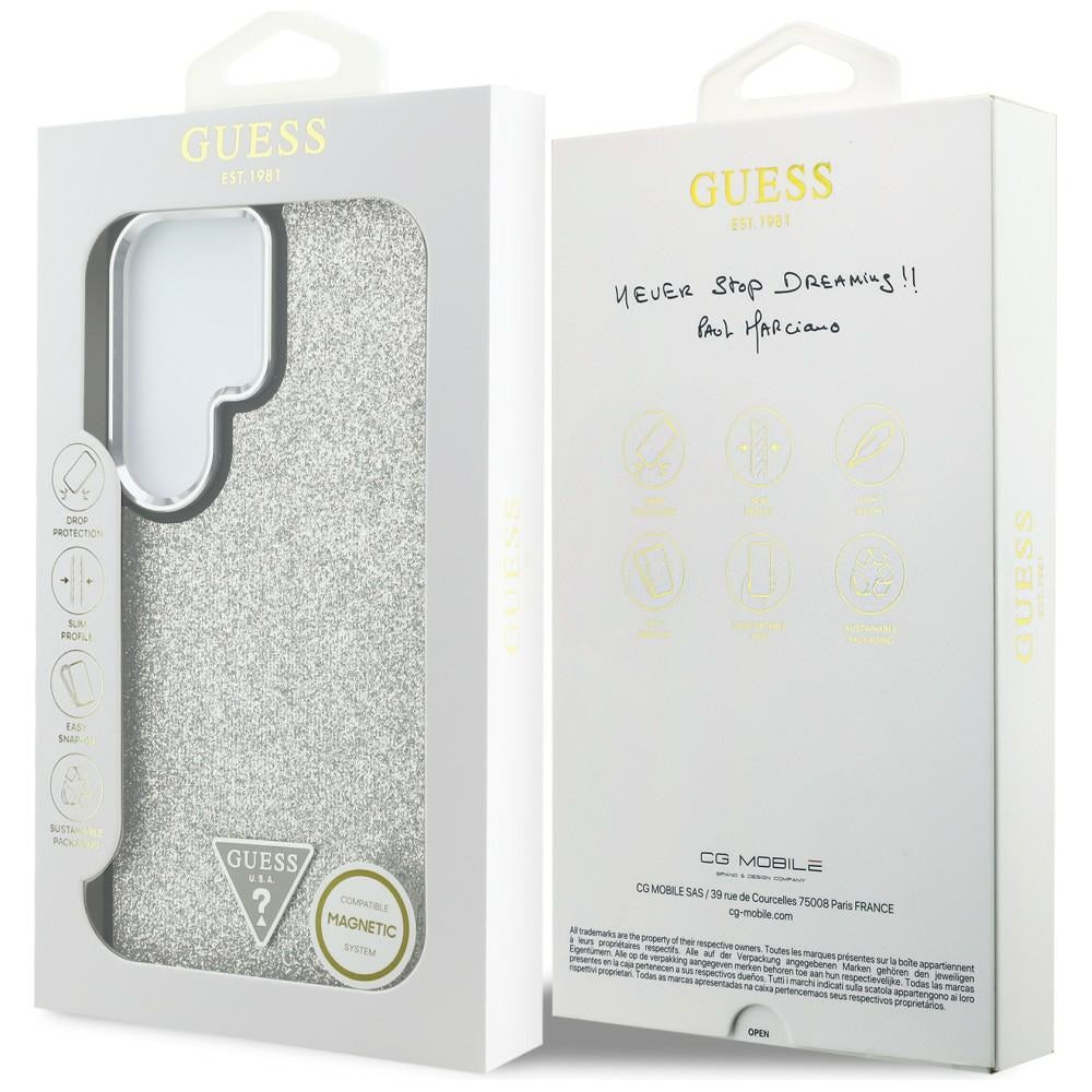 MagSafe-Hülle für Samsung Galaxy S26 Ultra S948, Guess, festes Glitzer-Dreieck-Logo, Silber