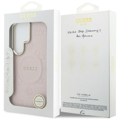 MagSafe-Hülle für Samsung Galaxy S26 Ultra S948, Guess, Saffiano Pfingstrose Prägung Ring, Rosa