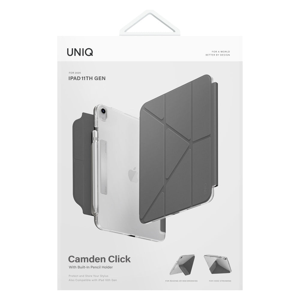 Hülle für Apple iPad (2025), UNIQ, Camden Click, Grau