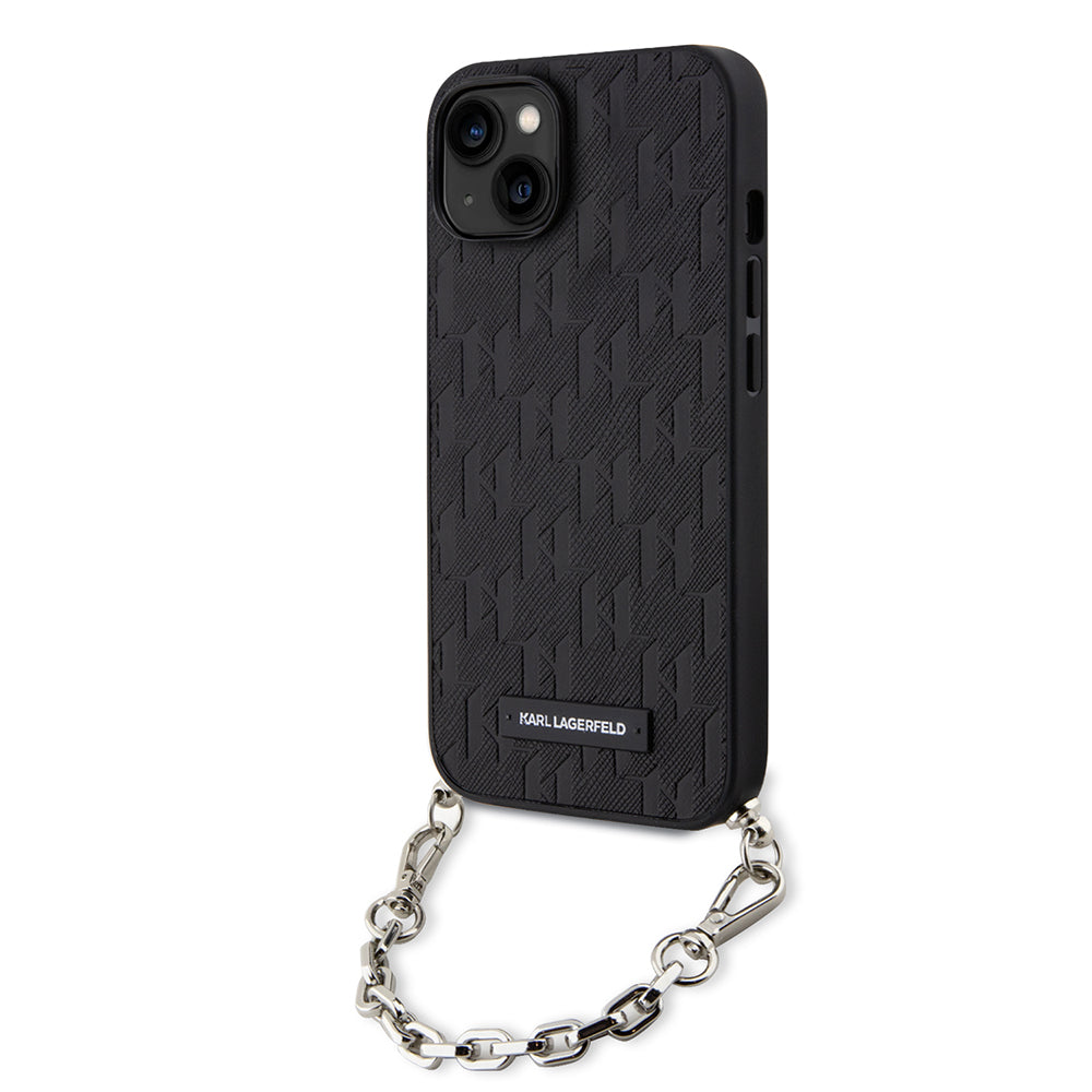 Hülle für Apple iPhone 14, Karl Lagerfeld, Saffiano Monogram Chain, Schwarz