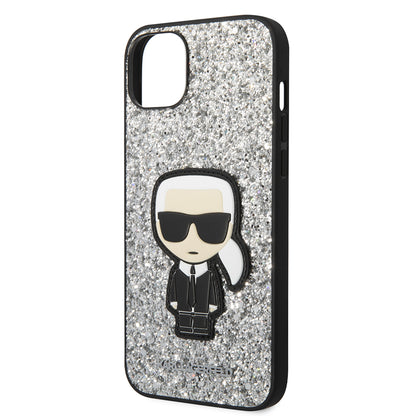 Hülle für Apple iPhone 14 Plus, Karl Lagerfeld, Glitter Flakes Ikonik Karl, Silbern