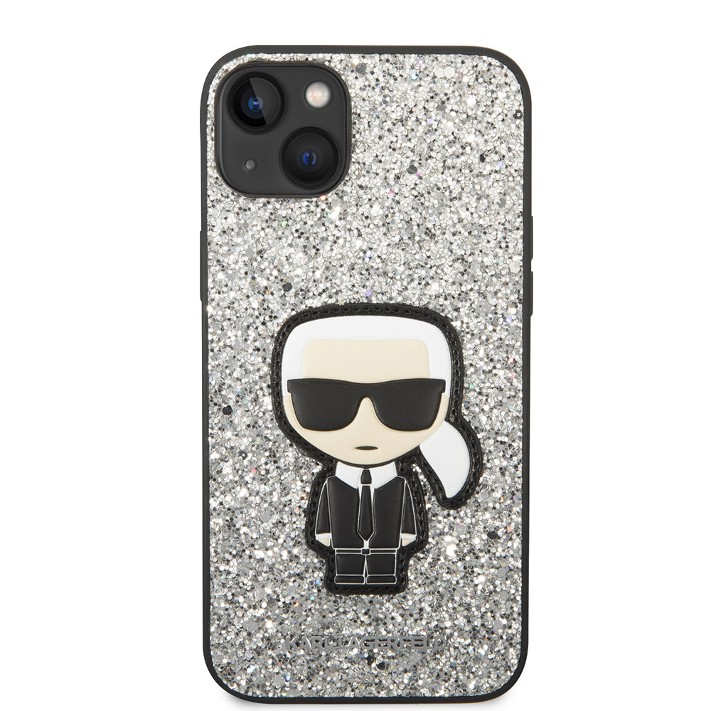 Hülle für Apple iPhone 14 Plus, Karl Lagerfeld, Glitter Flakes Ikonik Karl, Silbern