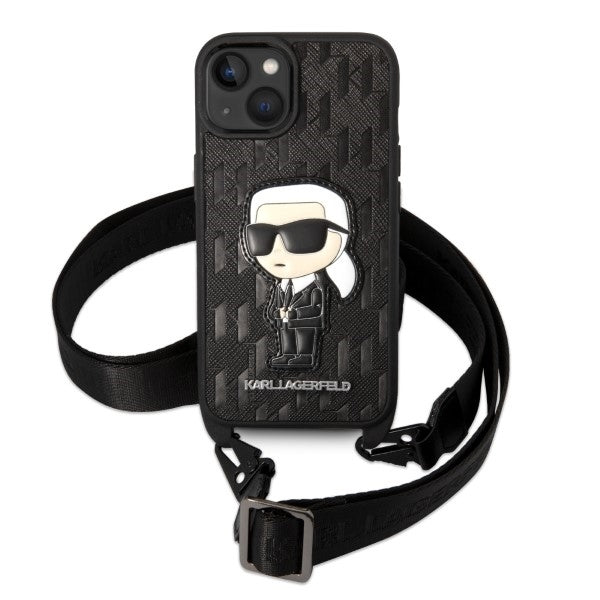 Hülle für Apple iPhone 14 Plus, Karl Lagerfeld, Monogram Ikonik Karl, Weiß