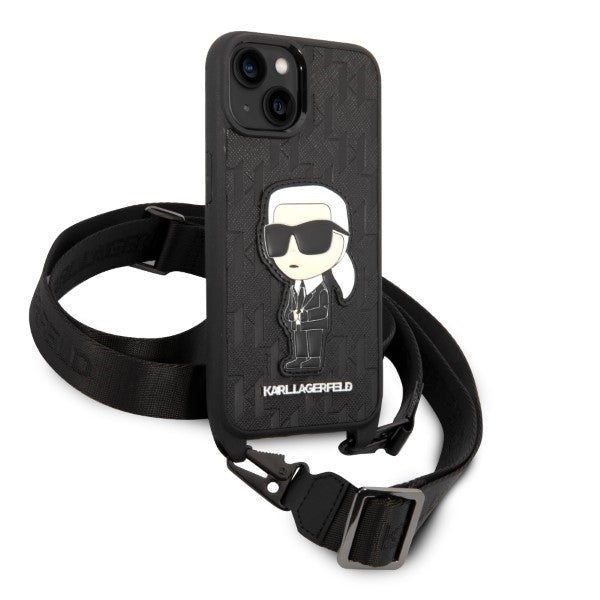 Hülle für Apple iPhone 14 Plus, Karl Lagerfeld, Monogram Ikonik Karl, Weiß