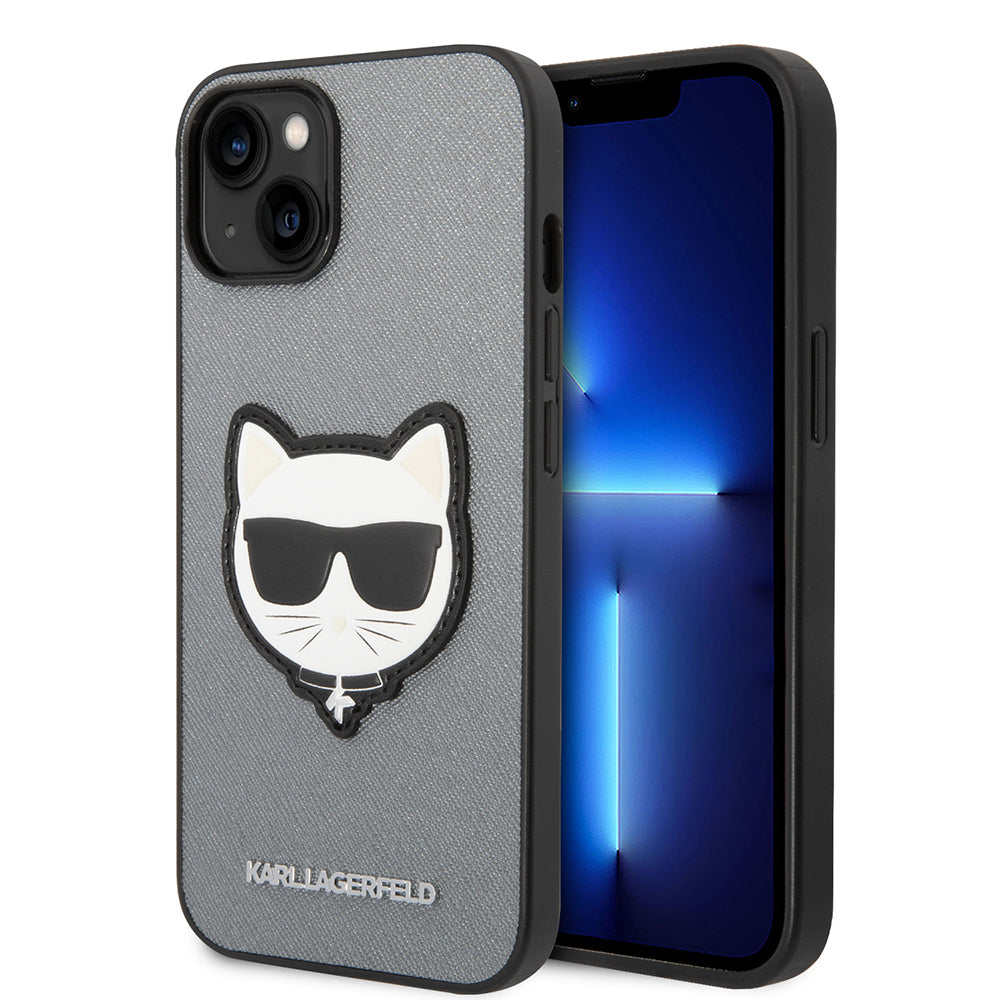Hülle für Apple iPhone 14 Plus, Karl Lagerfeld, Saffiano Choupette's Head, Silbern