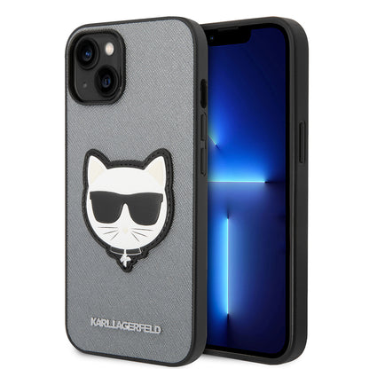 Hülle für Apple iPhone 14 Plus, Karl Lagerfeld, Saffiano Choupette's Head, Silbern