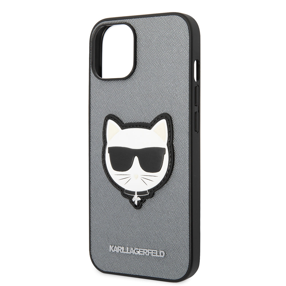 Hülle für Apple iPhone 14 Plus, Karl Lagerfeld, Saffiano Choupette's Head, Silbern