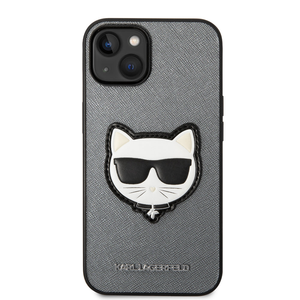 Hülle für Apple iPhone 14 Plus, Karl Lagerfeld, Saffiano Choupette's Head, Silbern