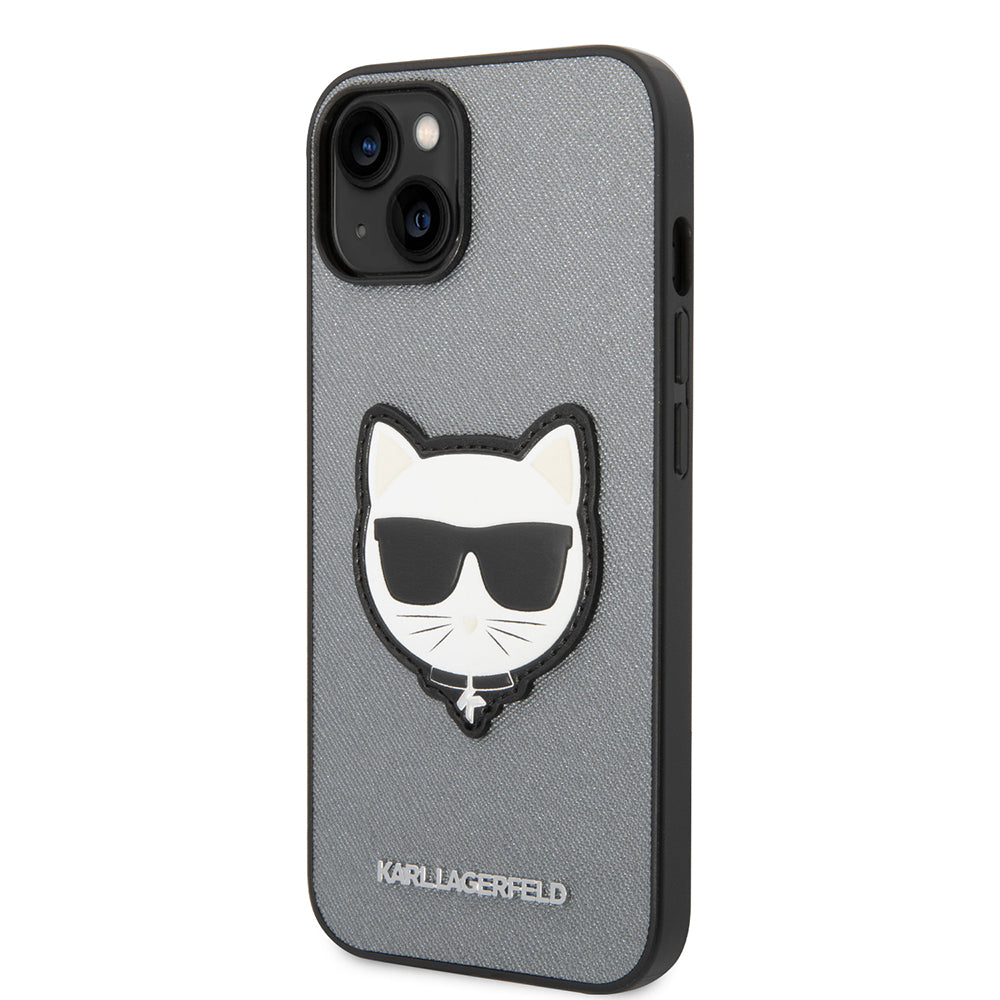 Hülle für Apple iPhone 14 Plus, Karl Lagerfeld, Saffiano Choupette's Head, Silbern