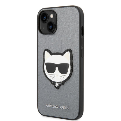 Hülle für Apple iPhone 14 Plus, Karl Lagerfeld, Saffiano Choupette's Head, Silbern