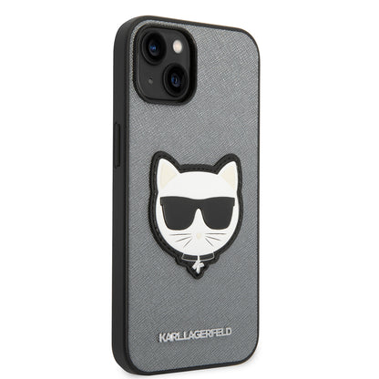 Hülle für Apple iPhone 14 Plus, Karl Lagerfeld, Saffiano Choupette's Head, Silbern