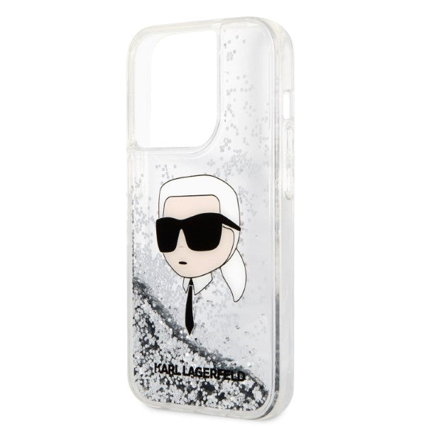 Hülle für Apple iPhone 14 Pro, Karl Lagerfeld, Glitter Karl's Head, Silbern