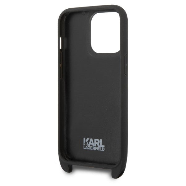 Hülle für Apple iPhone 14 Pro, Karl Lagerfeld, Monogram Plaque Logo mit Trageriemen, Schwarz