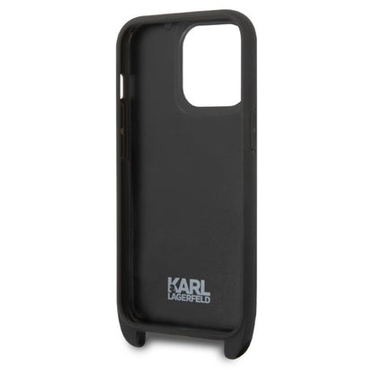 Hülle für Apple iPhone 14 Pro, Karl Lagerfeld, Monogram Plaque Logo mit Trageriemen, Schwarz