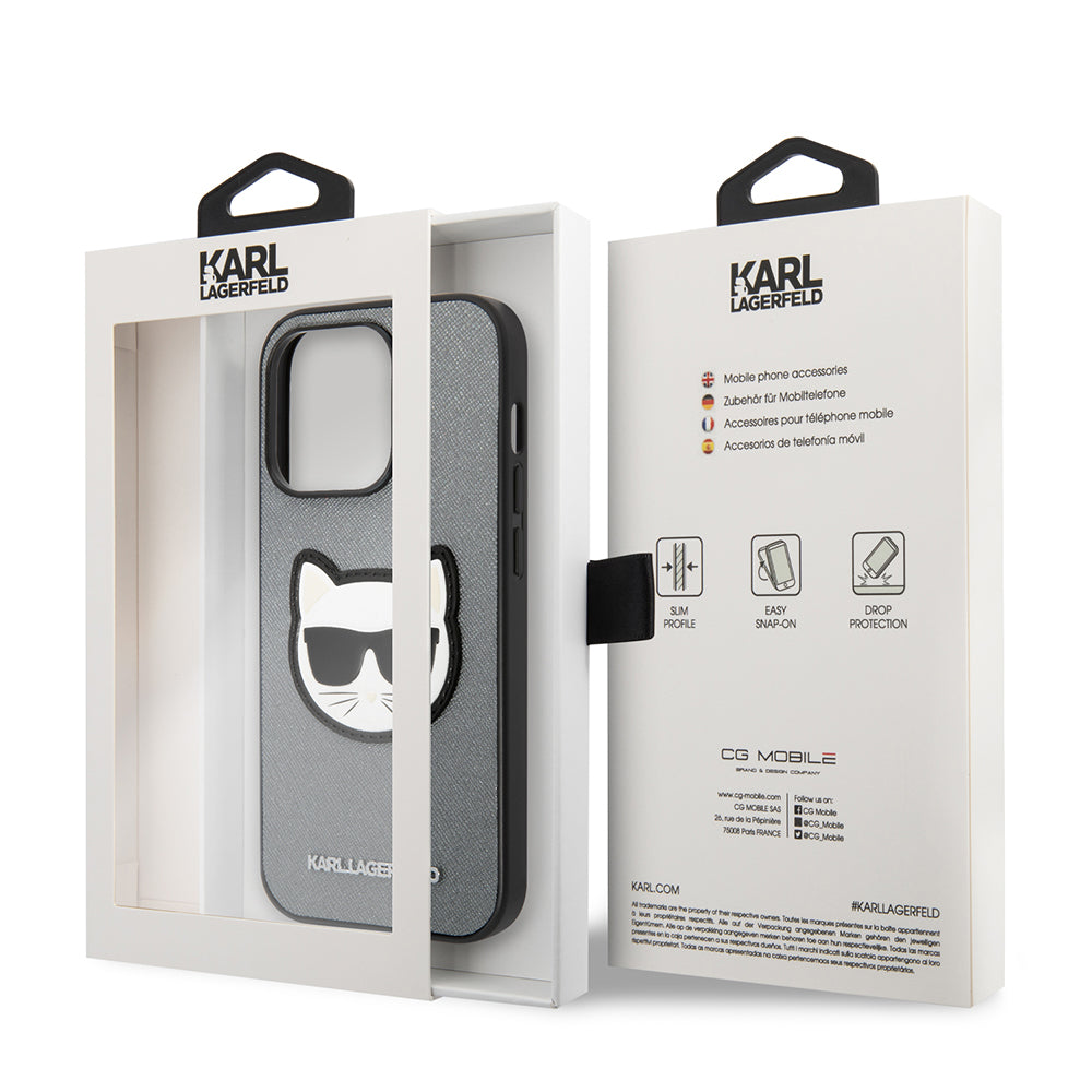 Hülle für Apple iPhone 14 Pro, Karl Lagerfeld, Saffiano Choupette's Head, Silbern