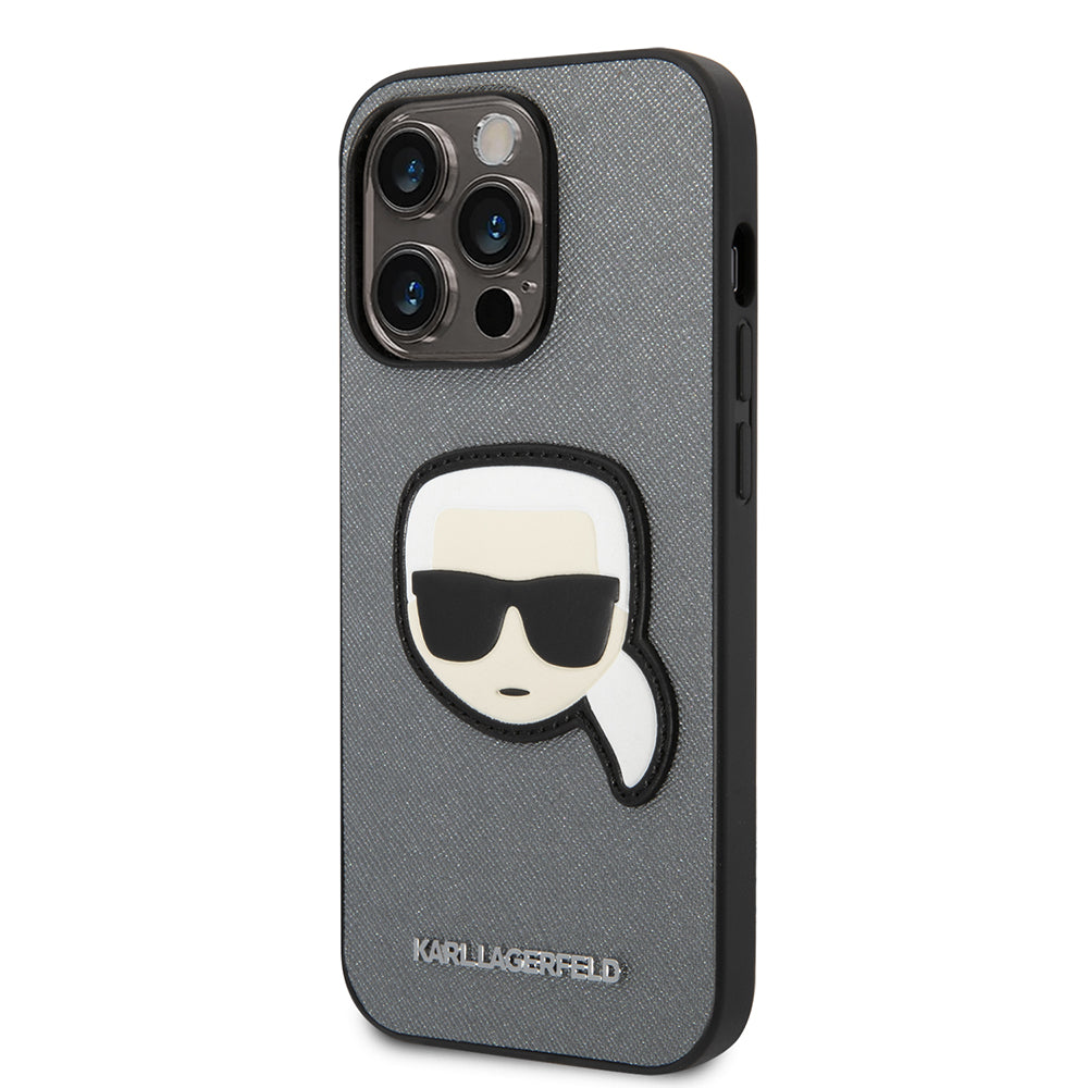 Hülle für Apple iPhone 14 Pro, Karl Lagerfeld, Saffiano Karl's Head, Silbern
