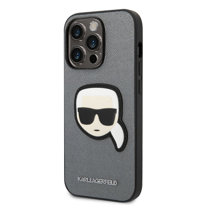 Hülle für Apple iPhone 14 Pro, Karl Lagerfeld, Saffiano Karl's Head, Silbern