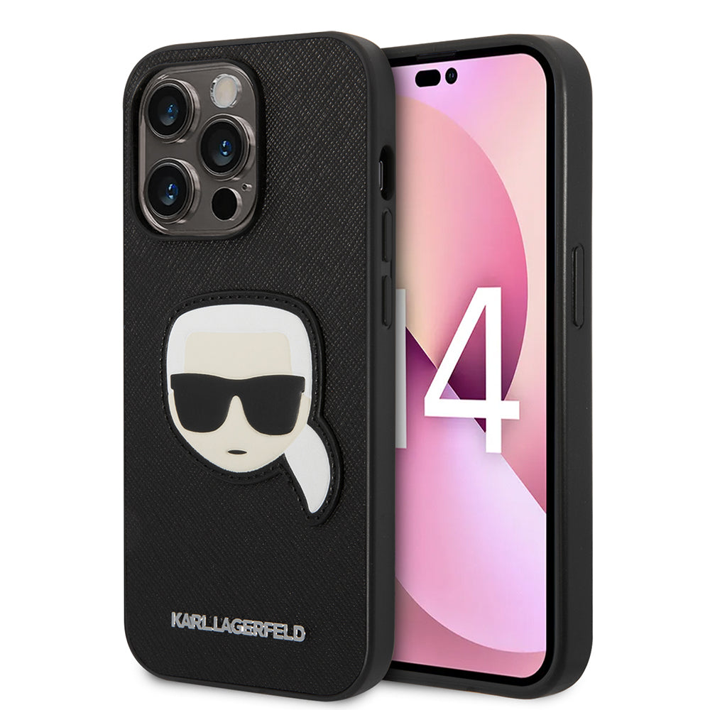 Hülle für Apple iPhone 14 Pro, Karl Lagerfeld, Saffiano Karl's Head, Schwarz