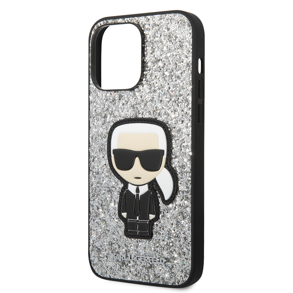 Hülle für Apple iPhone 14 Pro Max, Karl Lagerfeld, Glitter Flakes Ikonik Karl, Silbern