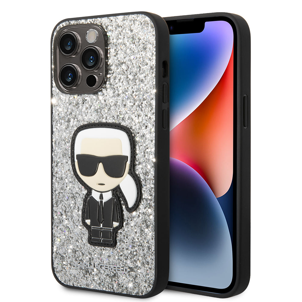 Hülle für Apple iPhone 14 Pro Max, Karl Lagerfeld, Glitter Flakes Ikonik Karl, Silbern