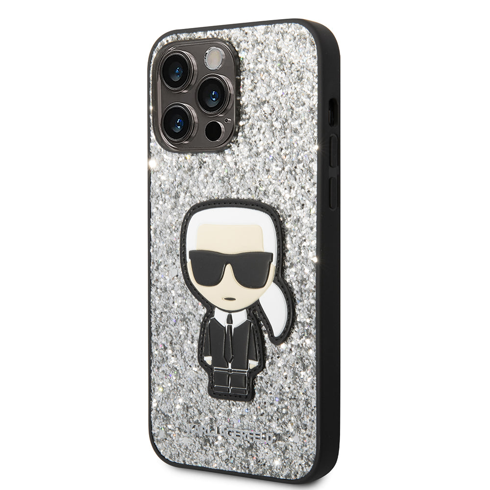Hülle für Apple iPhone 14 Pro Max, Karl Lagerfeld, Glitter Flakes Ikonik Karl, Silbern