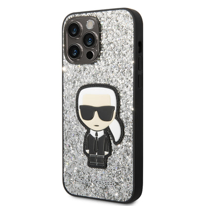 Hülle für Apple iPhone 14 Pro Max, Karl Lagerfeld, Glitter Flakes Ikonik Karl, Silbern