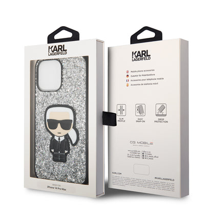 Hülle für Apple iPhone 14 Pro Max, Karl Lagerfeld, Glitter Flakes Ikonik Karl, Silbern