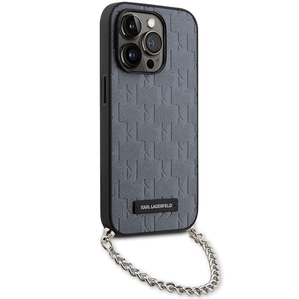 Hülle für Apple iPhone 14 Pro Max, Karl Lagerfeld, Saffiano Monogram Chain, Silbern