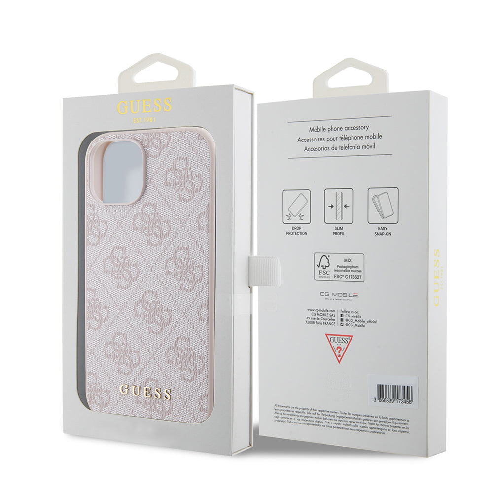 Case for Apple iPhone 15, Guess, 4G Metal Gold Logo, Pink