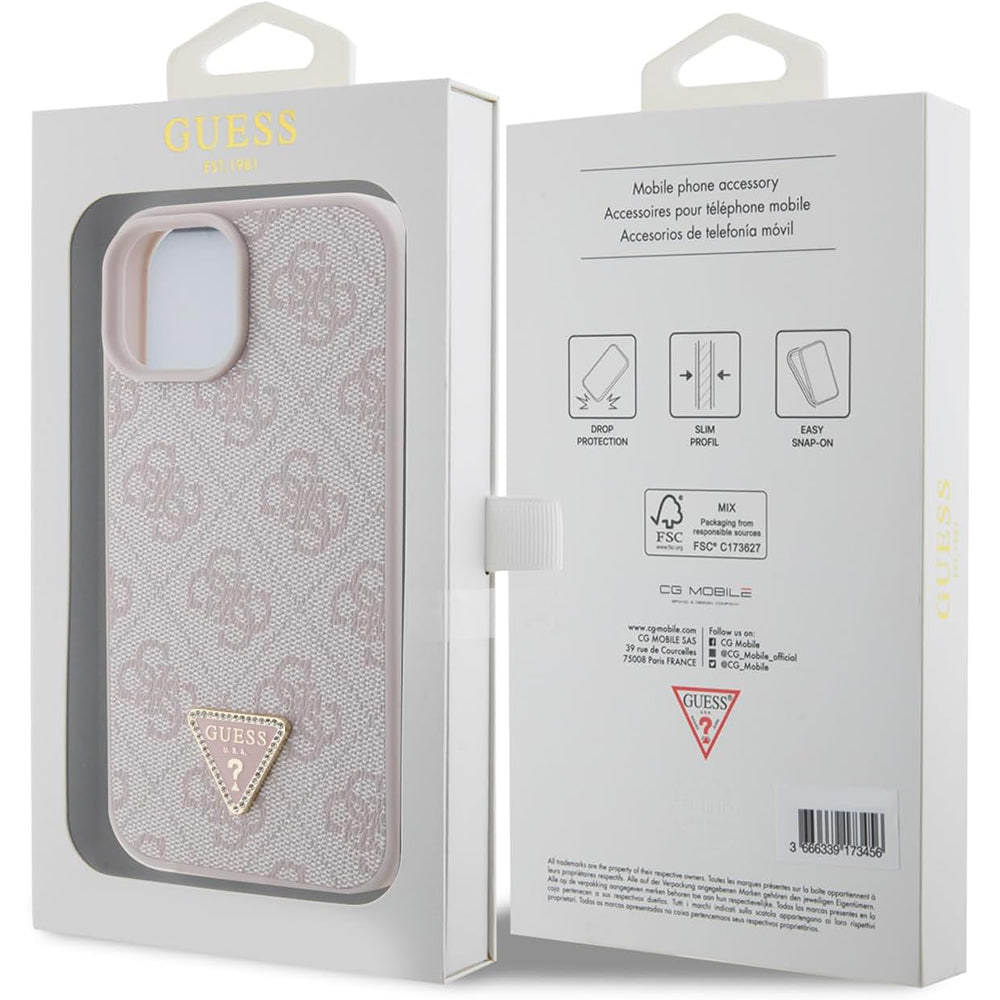 Hülle für Apple iPhone 15, Guess, 4G Triangle Strass, Rosa