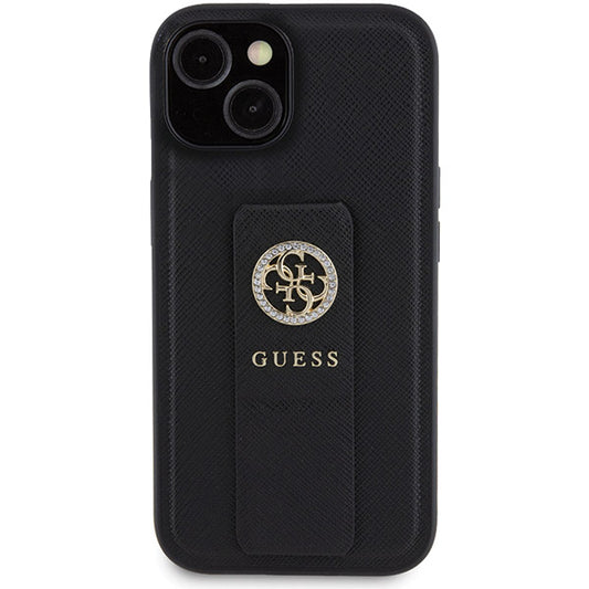 Hülle für Apple iPhone 15, Guess, Grip Stand 4G Saffiano Strass, Schwarz