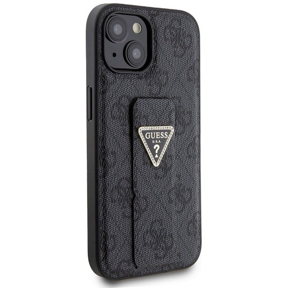 Hülle für Apple iPhone 15, Guess, Grip Stand 4G Triangle Strass, Schwarz