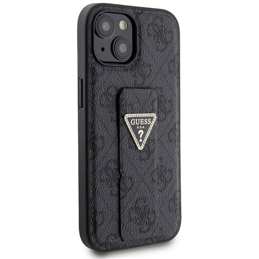 Hülle für Apple iPhone 15, Guess, Grip Stand 4G Triangle Strass, Schwarz