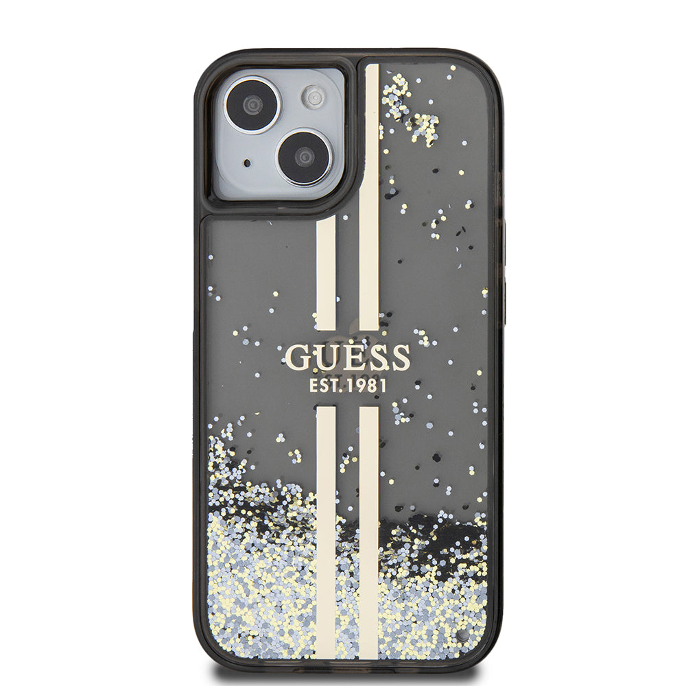 Hülle für Apple iPhone 15, Guess, Liquid Glitter Gold Stripes, Schwarz