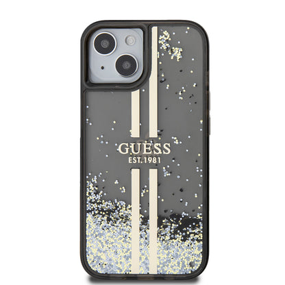 Hülle für Apple iPhone 15, Guess, Liquid Glitter Gold Stripes, Schwarz