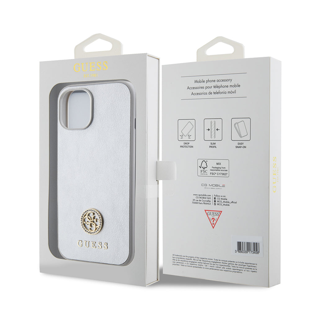 Hülle für Apple iPhone 15, Guess, Strass Metal Logo, Silberfarben