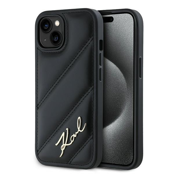 Hülle für Apple iPhone 15, Karl Lagerfeld, Diagonal Quilted Script, Schwarz