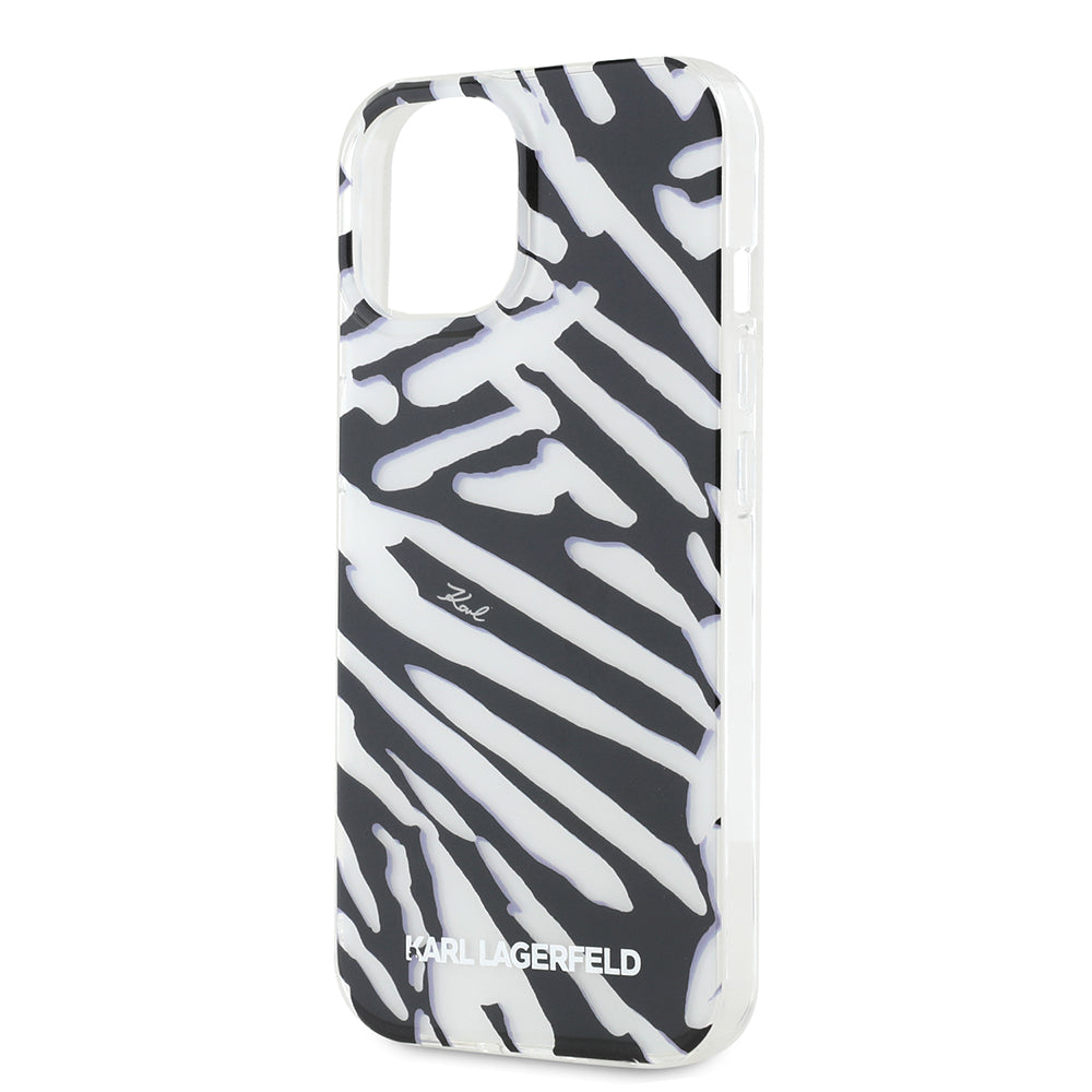 Hülle für Apple iPhone 15, Karl Lagerfeld, IML Luxury Zebra Muster mit Trageriemen, Schwarz