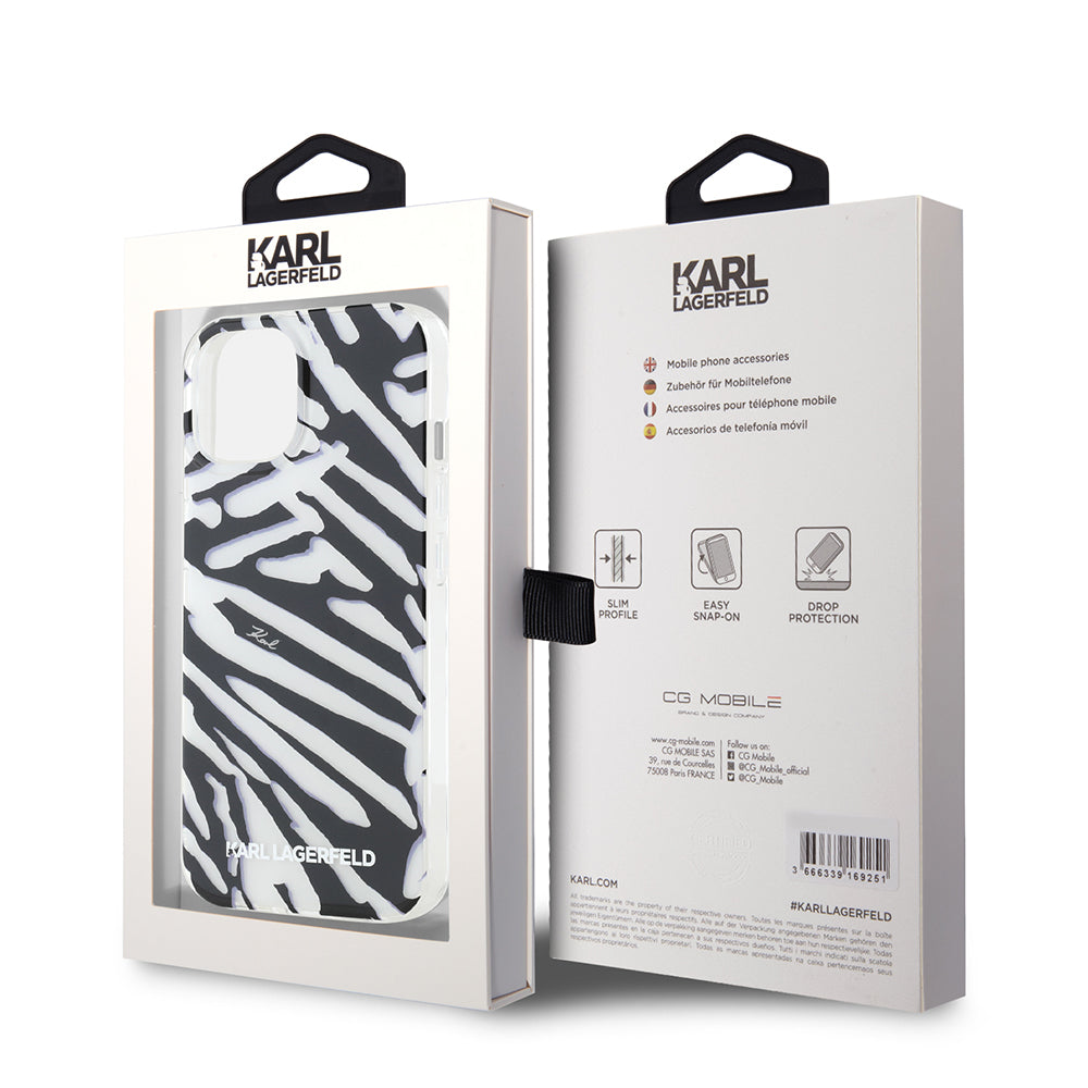 Hülle für Apple iPhone 15, Karl Lagerfeld, IML Luxury Zebra Muster mit Trageriemen, Schwarz