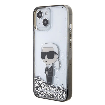 Hülle für Apple iPhone 15, Karl Lagerfeld, Liquid Glitter Ikonik Karl, Transparent