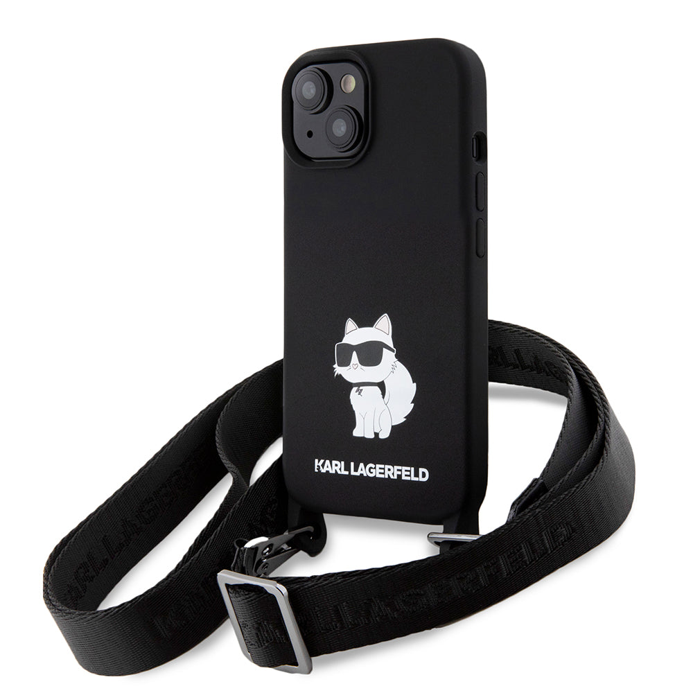 Hülle für Apple iPhone 15, Karl Lagerfeld, Silicone Crossbody Choupette, Schwarz