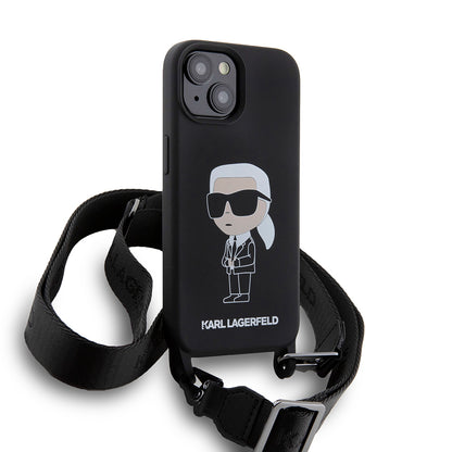 Case for Apple iPhone 15, Karl Lagerfeld, Silicone Crossbody Ikonik Karl, Black
