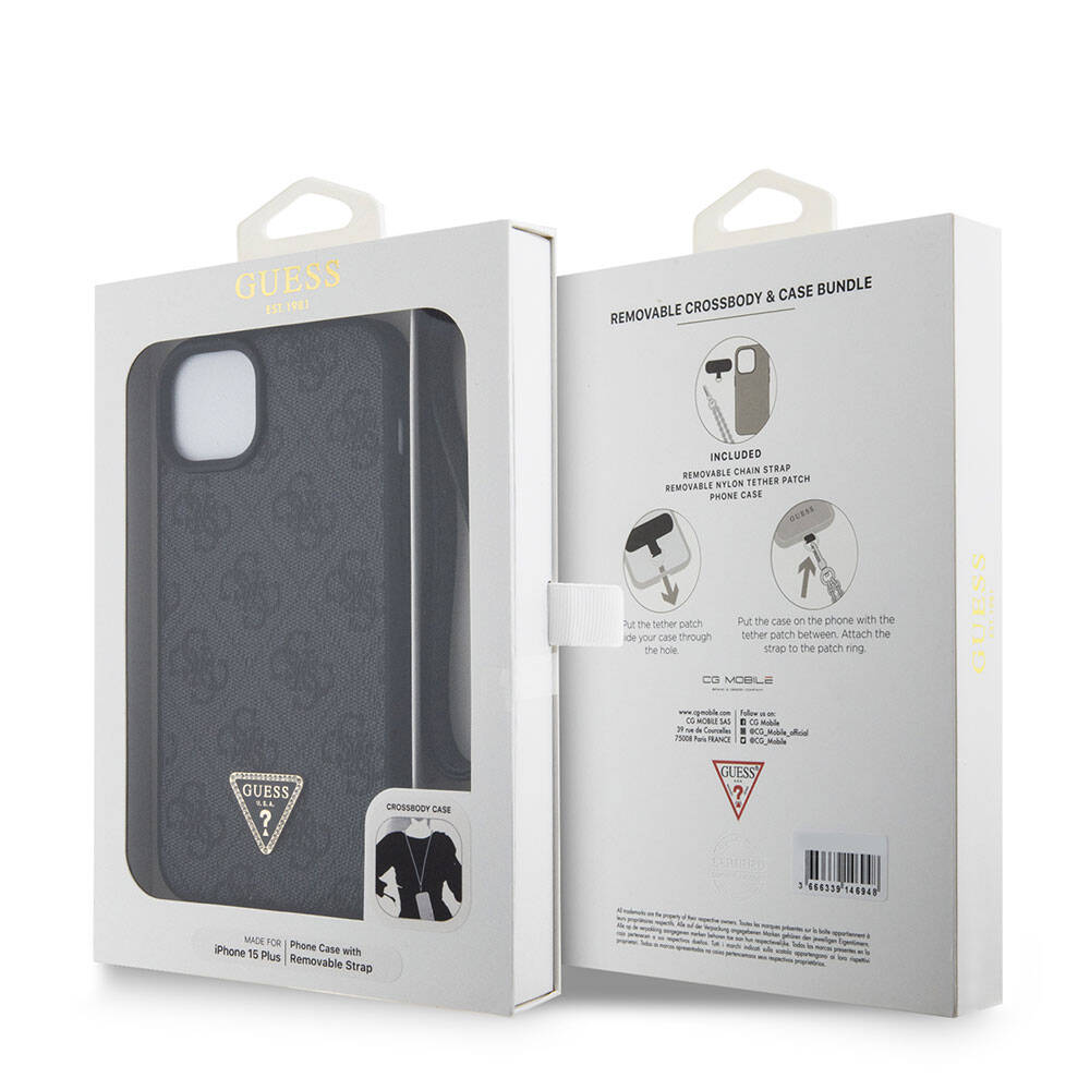 Hülle für Apple iPhone 15 Plus, Guess, Crossbody 4G Metal Logo, Schwarz
