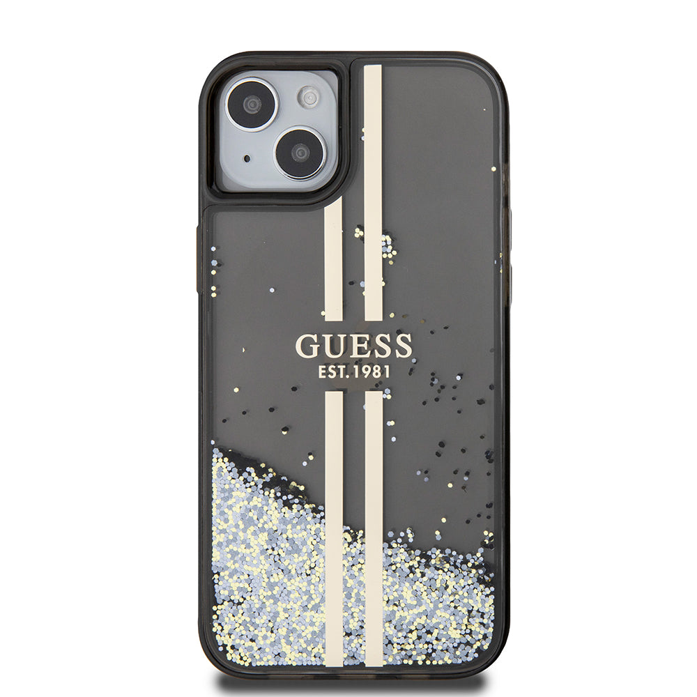 Hülle für Apple iPhone 15 Plus, Guess, Liquid Glitter Gold Stripes, Schwarz