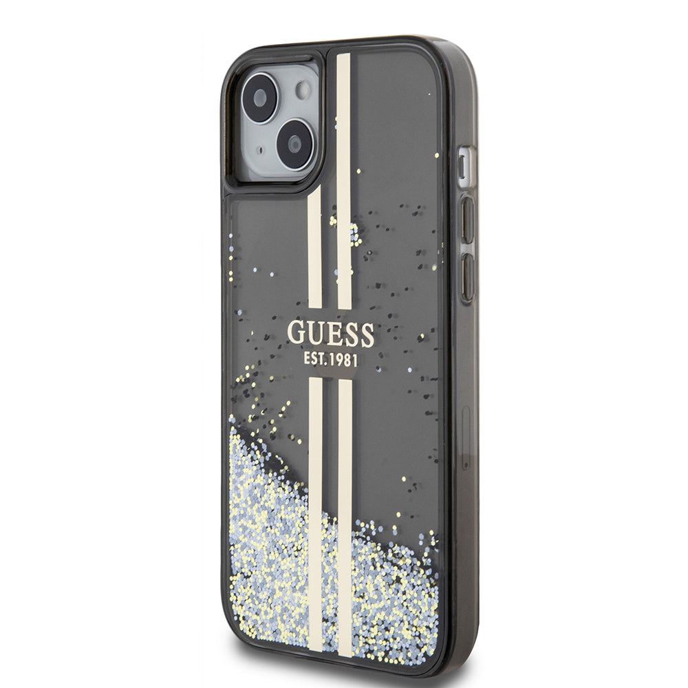 Hülle für Apple iPhone 15 Plus, Guess, Liquid Glitter Gold Stripes, Schwarz