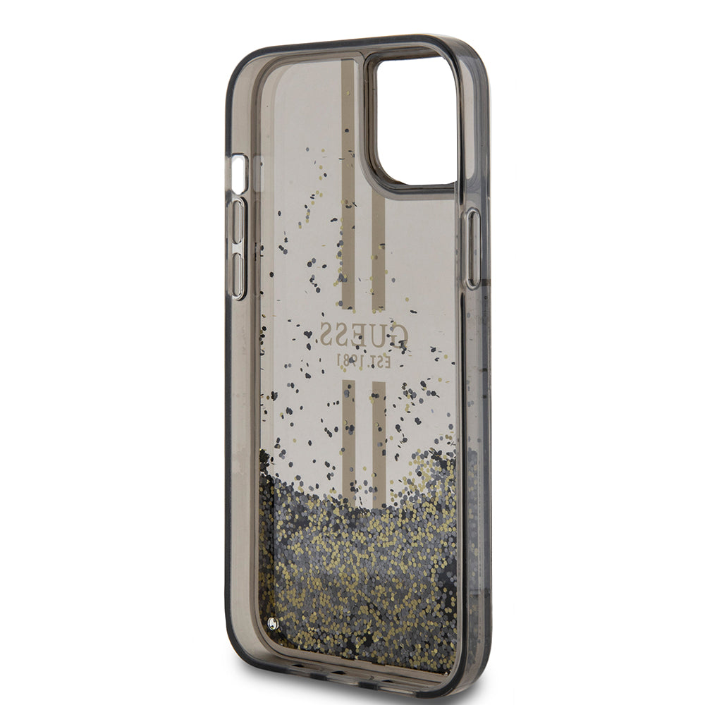 Hülle für Apple iPhone 15 Plus, Guess, Liquid Glitter Gold Stripes, Schwarz