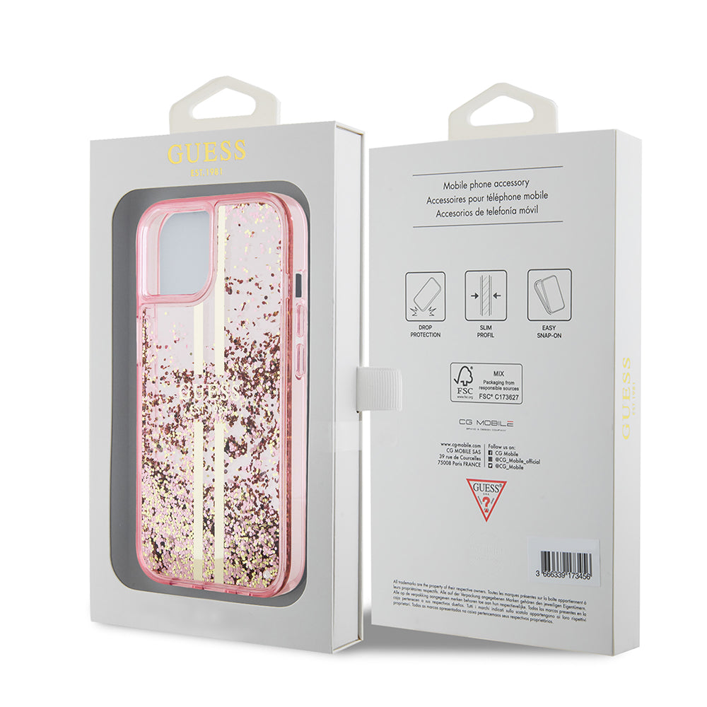 Case for Apple iPhone 15 Plus, Guess, Liquid Glitter Gold Stripes, Pink