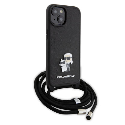 Hülle für Apple iPhone 15 Plus, Karl Lagerfeld, Saffiano Crossbody Metal Pin Karl & Choupette, Schwarz