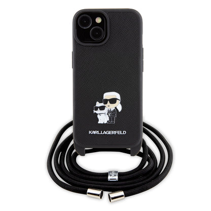 Hülle für Apple iPhone 15 Plus, Karl Lagerfeld, Saffiano Crossbody Metal Pin Karl & Choupette, Schwarz